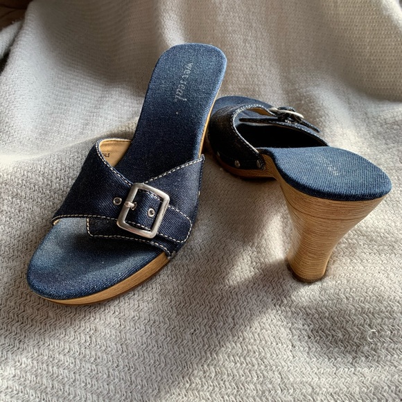 Wet Seal Shoes - Wet Seal SZ 7.5 Denim Buckle Slip on Heel sandal